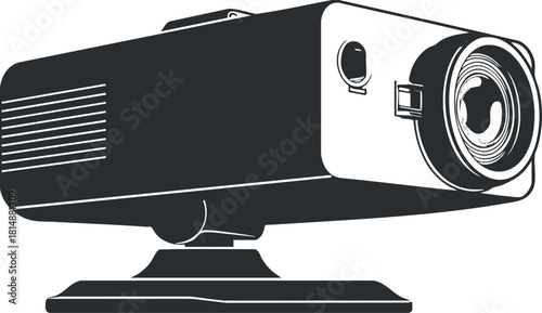Black and white illustration of a digital projector for presentations or home cinema use.