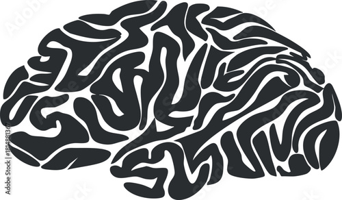 Abstract black and white brain illustration with intricate patterns and shapes.