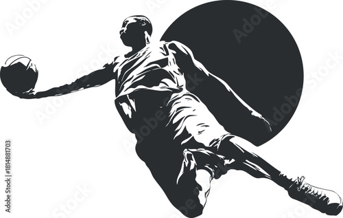 Silhouette of a basketball player performing a dynamic slam dunk against a circular background.