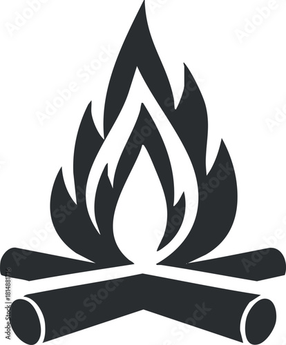 Black and white campfire icon with stylized flames and logs, suitable for camping themes.
