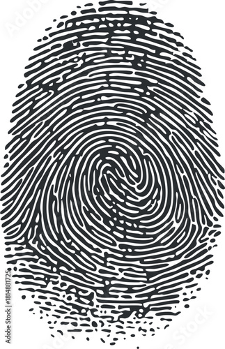 Detailed black and white fingerprint pattern representing identity and biometric security.