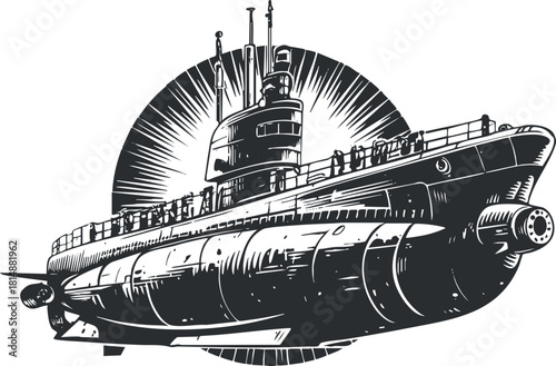 Vintage submarine illustration in black and white showcasing a detailed naval design.