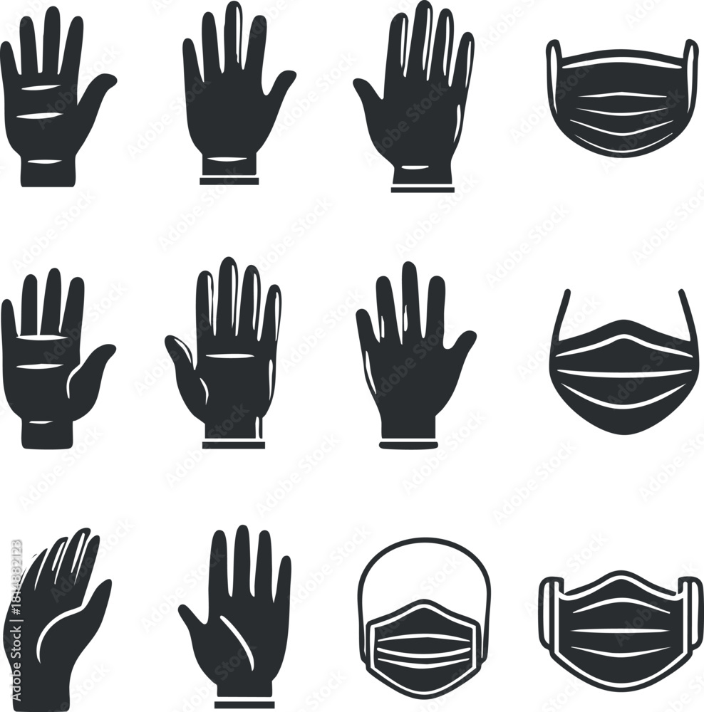 Fototapeta premium Black and white icons of gloves and masks symbolizing safety and protection measures.