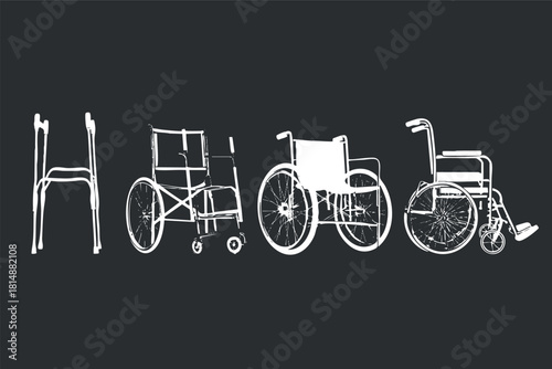 Illustration of mobility aids including wheelchairs and crutches on a black background.