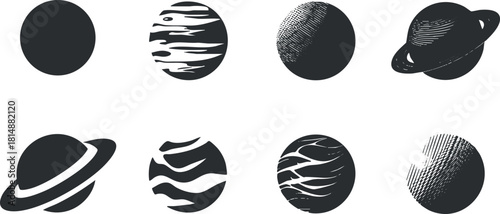 Black and white vector illustration of stylized planetary designs with textures and patterns.