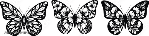 Intricate butterfly vector illustration showcasing three distinct designs with floral patterns and elegant detailing for creative projects 