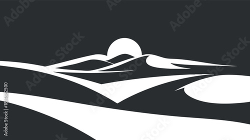 Abstract minimalist landscape silhouette with sunset behind rolling hills in black and white.