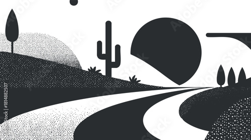 Minimalist desert landscape with a cactus, road, and sunset in black and white illustration.