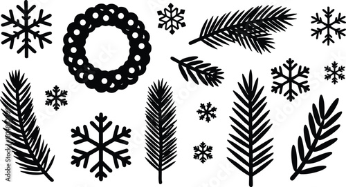 Winter-themed vector collection featuring snowflakes and evergreen branches for festive designs and decorations 