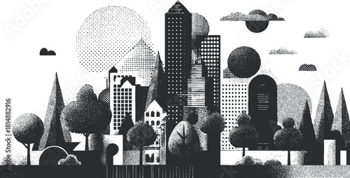 Monochrome cityscape illustration featuring stylized buildings and trees in a modern, abstract design.