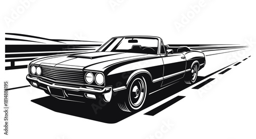 Classic American Muscle Car Convertible Driving on an Open Road.