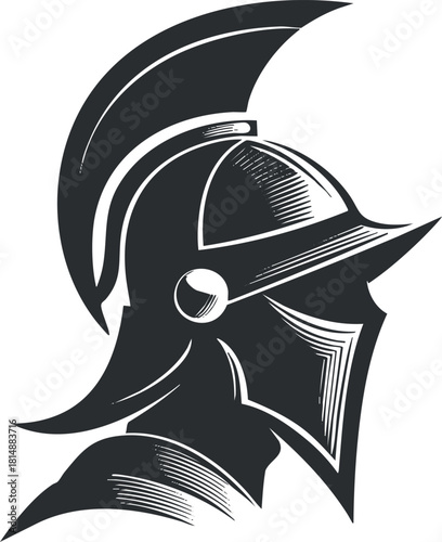 Black and white illustration of a knight's helmet in a stylized silhouette design.