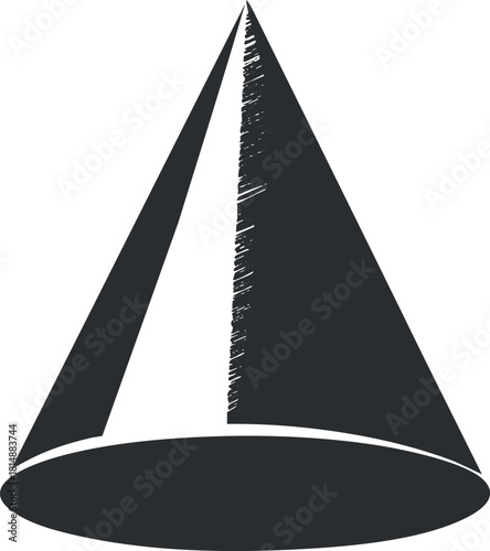 Black and white illustration of a geometric cone shape with linear shading effects.