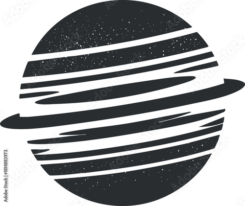 Black and white illustration of a planet with rings, resembling Saturn, in a textured style.