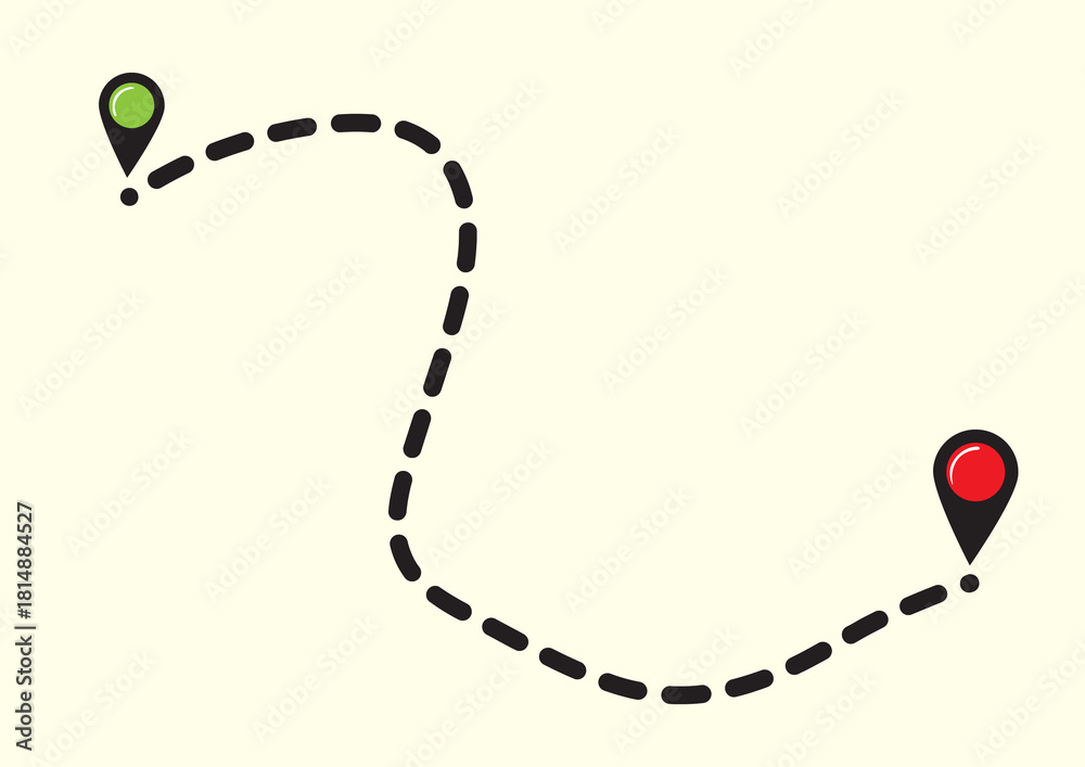 Naklejka premium Simple map navigation concept with a starting point and final destination connected by a winding dashed line route