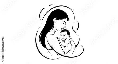 Mother holding her baby in a loving embrace black and white illustration.