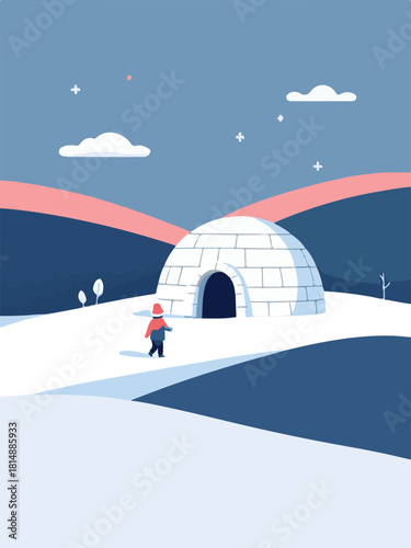 Winter landscape with igloo and person walking in snow