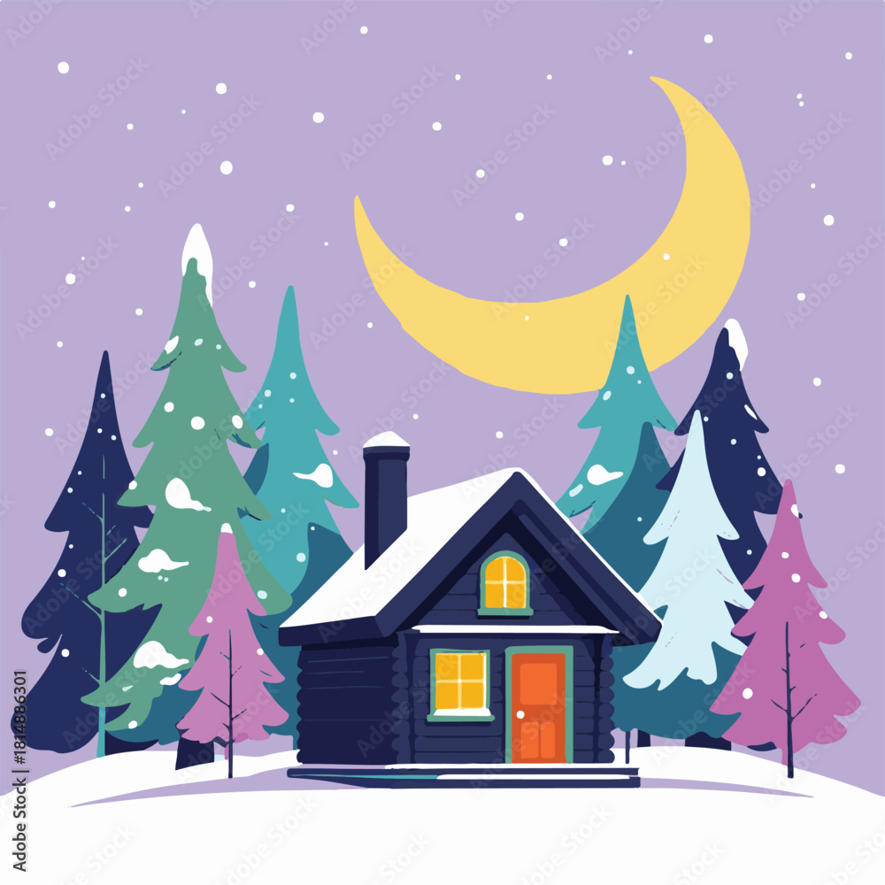 Naklejka premium Winter Cabin at Moonlight Vector