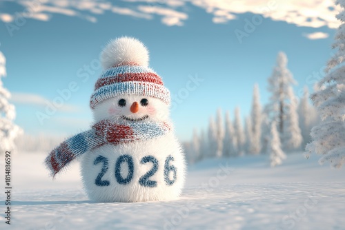Snowman with a 2026 date in a winter landscape filled with snow-covered trees and a bright blue sky