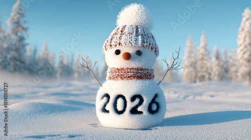 Snowman in a winter landscape filled with snow-covered trees and a bright blue sky