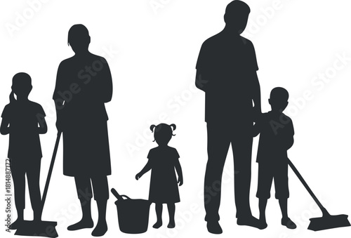 Silhouette vector illustration of a family engaging in cleaning activities with children and adults using mops and a vacuum.