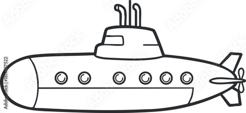 Simple line art vector illustration of a submarine for educational and children’s design projects