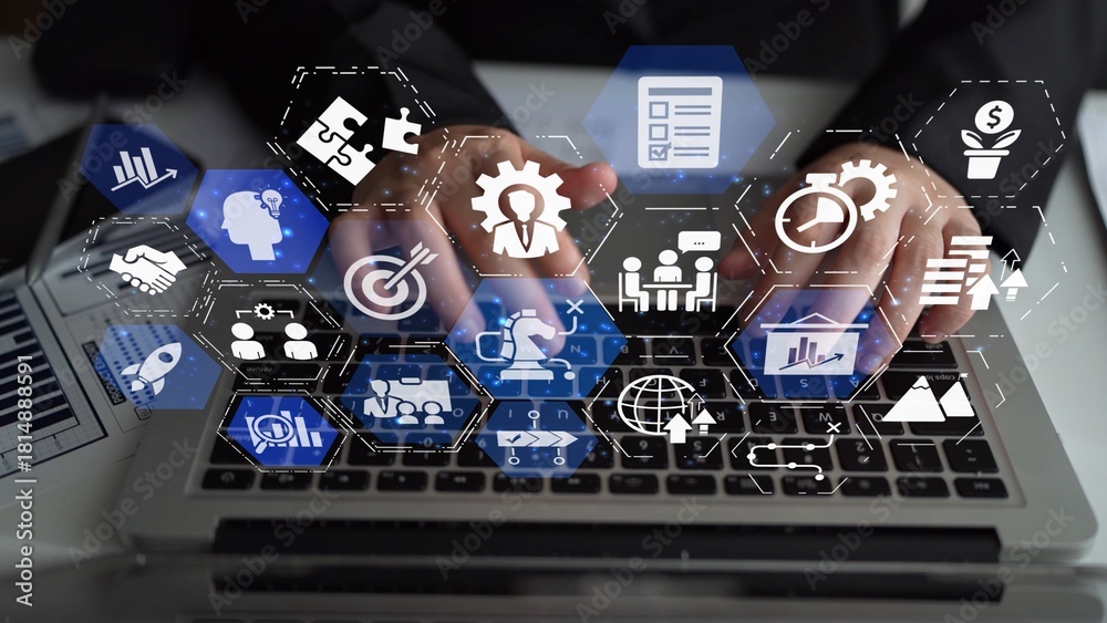 Fototapeta premium Business strategy defines goals and long-term direction. A clear business strategy supports decision-making, with business strategy driving growth and business strategy execution. Funnel