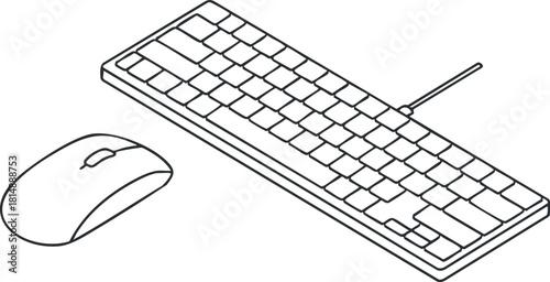 Outline vector illustration of a keyboard and mouse for technology and office design projects