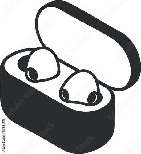 Stylish black vector illustration of wireless earbuds in a compact charging case for modern audio technology.