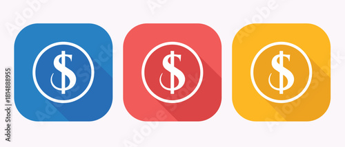 Dollar sign symbol on blue square icon with shadow effect for business and finance concept design