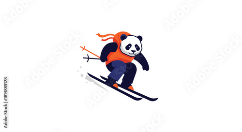 Animated panda skiing downhill in a orange hood