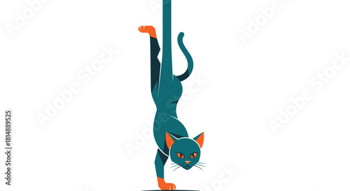 Cartoon cat stands on paws, tail up