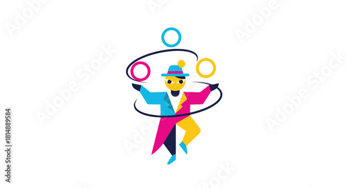 Juggling figure in geometric shapes and bold colors