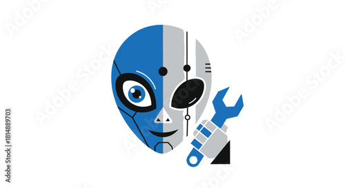 Robot face, bisected by color, being repaired by a hand holding a wrench