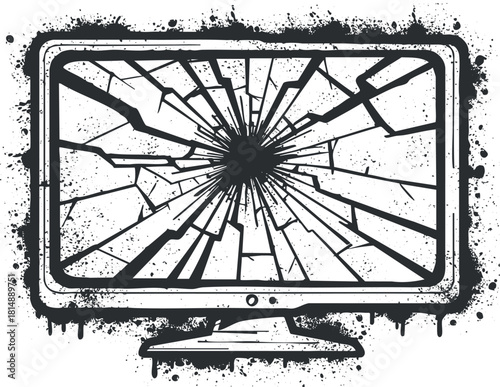 Grunge style vector illustration of a cracked computer monitor with a shattered screen effect for technology concepts