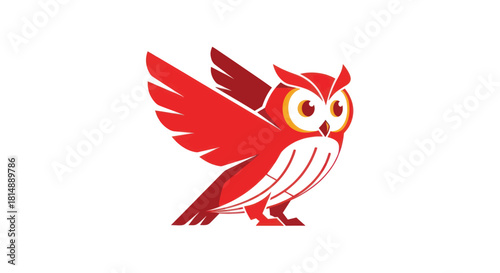 Red stylized owl with outstretched wing, on white