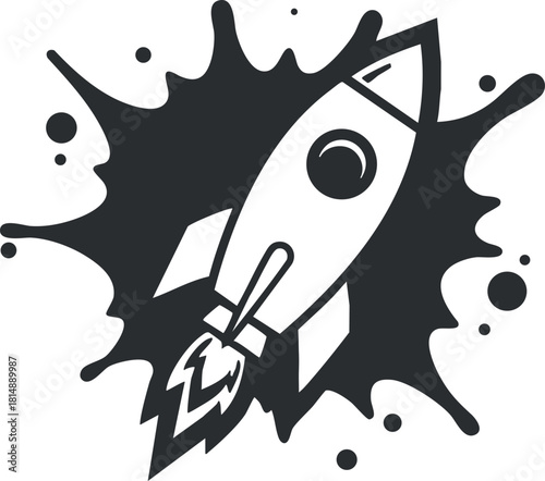 Stylized black and white vector illustration of a rocket launching with dynamic splash elements, perfect for technology and startup themes
