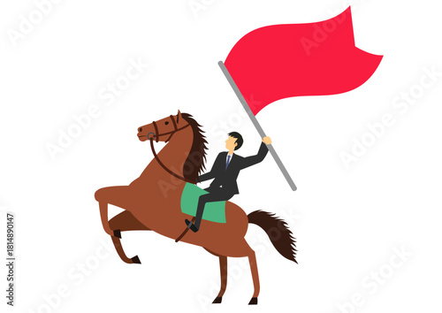 馬に乗り旗を持つスーツを着た男性
