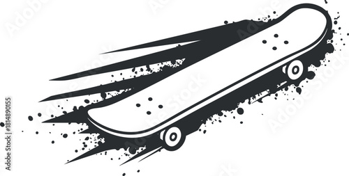 Dynamic black and white vector illustration of a skateboard with a splash effect, perfect for sports and urban design projects