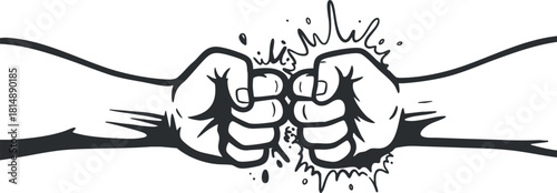 Dynamic black and white vector illustration of two fists colliding symbolizing strength, teamwork, and unity in competitive contexts