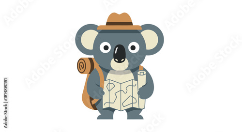 Koala explorer with a map & backpack, cartoonish style