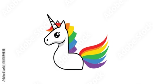 Cartoon unicorn with rainbow mane and tail on a white background