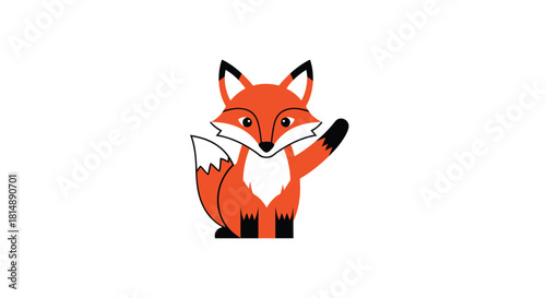 Cute cartoon fox waving, orange fur, white belly and tail tip, black paws and ear tips, simple design