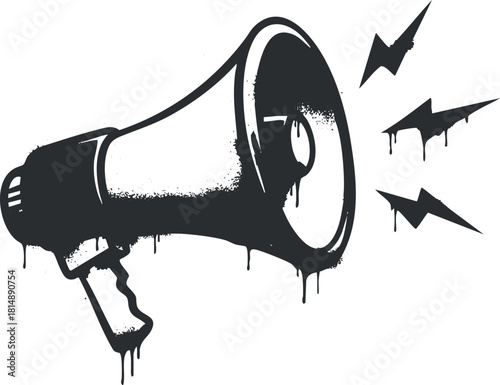 Vintage black and white vector illustration of a dripping megaphone design for communication and advertising projects