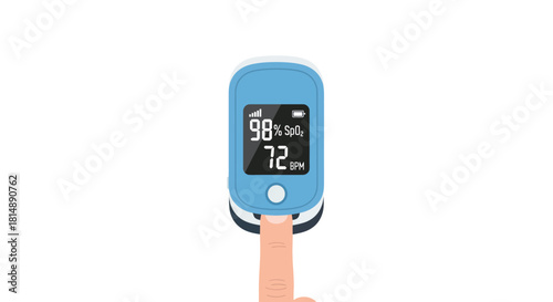 Pulse oximeter on finger showing 98% SpO2