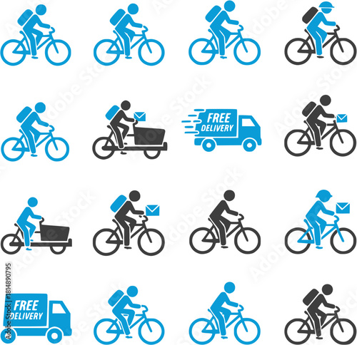  Assortment of twotone vectorstyle icons hand maded vector showcasing bicycle couriers, mail delivery by bike, and free delivery services, emphasizing urban mobility and logistical support 