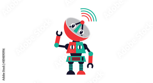 Cheerful robot with satellite head, teal and red color palette, raising a hand, with communication signals