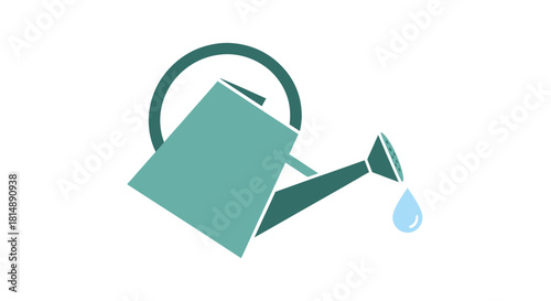 Tilted teal watering can with a drop