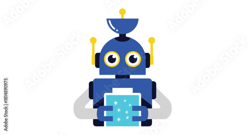 Cartoon blue robot with yellow antennas holding a sparkling turquoise square