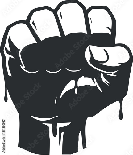Bold black and white vector illustration of a raised fist symbolizing strength and unity for activism and social movements